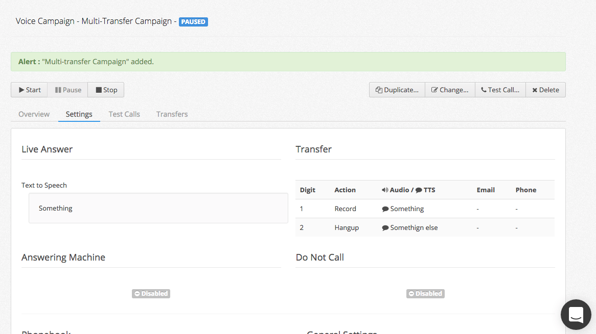 Voice broadcasting campaign settings