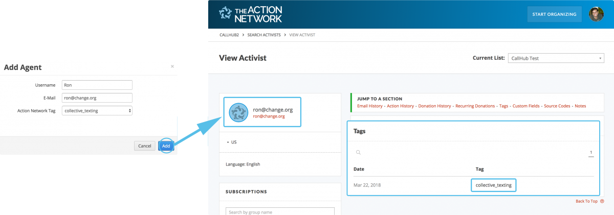 CallHub Agents as Action Network Activist Profiles view activist panel