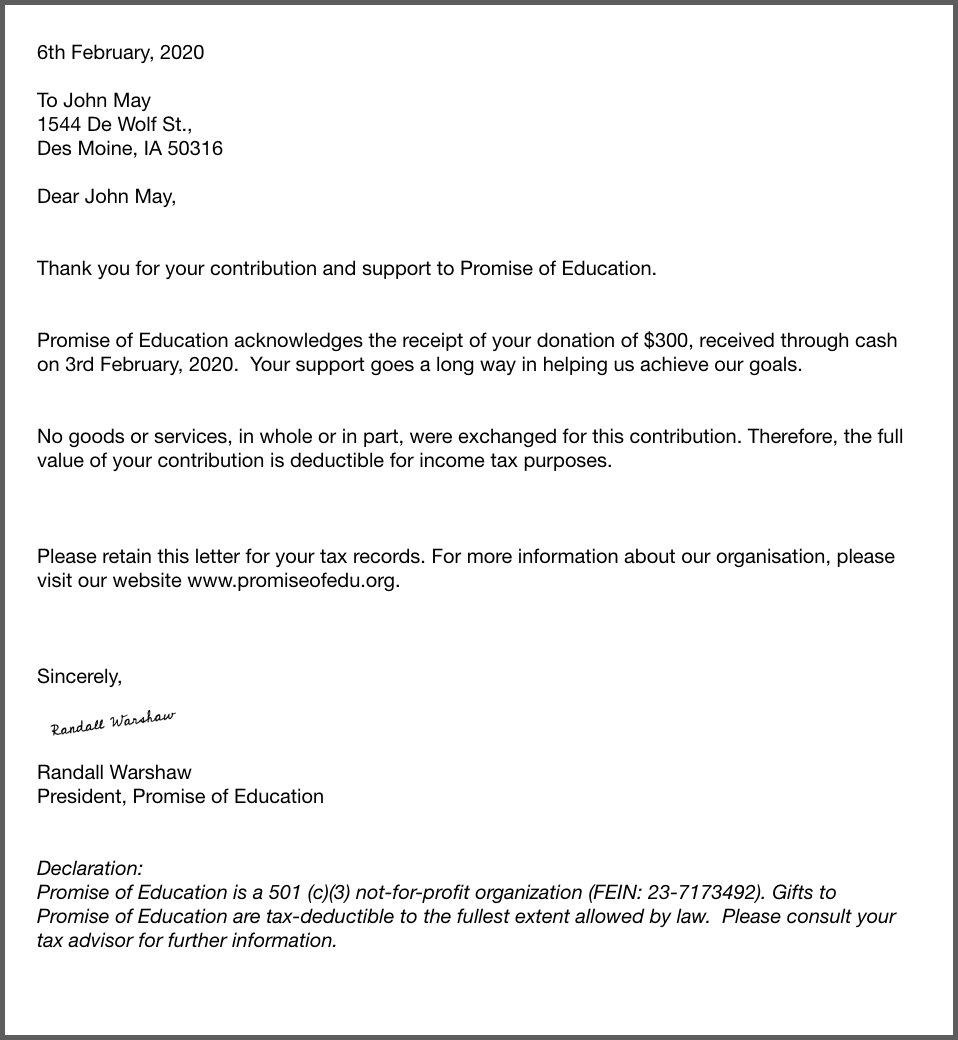 Acknowledgement Receipt Of Donation Sample