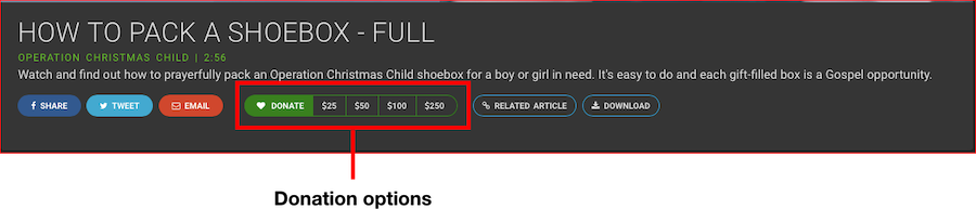 Donation options under video