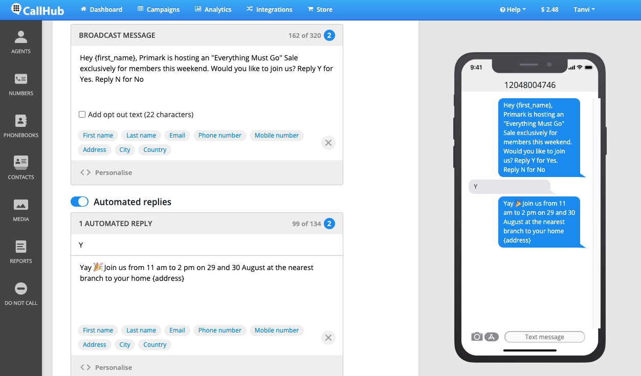 text blast marketing callhub auto replies