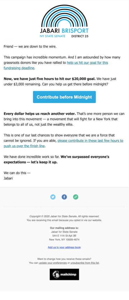 online political fundraising email example