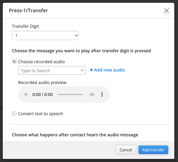add a press 1 transfer for next steps