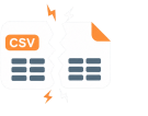 Two CSV documents with orange corners are torn apart, sparks flying between them, suggesting data damage or split files.
