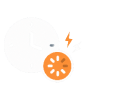 White clock face with black hands overlapping a sliced orange circle, accented by small orange and white lightning bolts to the right.