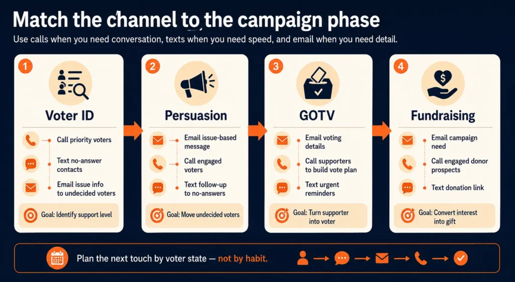 Infographic shows four campaign phases with icons: 1) Voter ID, 2) Persuasion, 3) GOTV, 4) Fundraising, each with bullet actions and a bottom goal for the phase sequence.