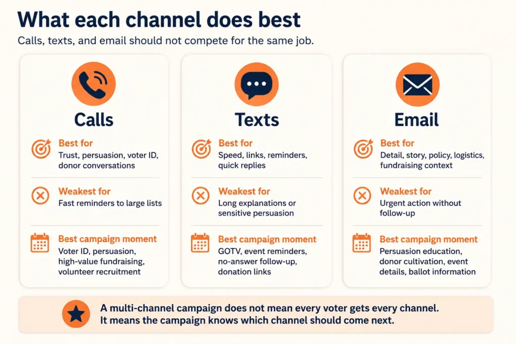 Infographic comparing three channels—Calls, Texts, and Email—with each card listing best uses, weaknesses, and campaign moments for fundraising.