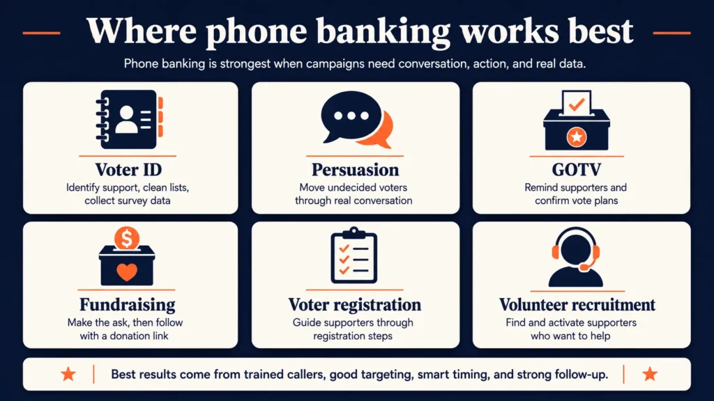 Infographic showing six phone banking actions: Voter ID, Persuasion, GOTV, Fundraising, Voter registration, and Volunteer recruitment.