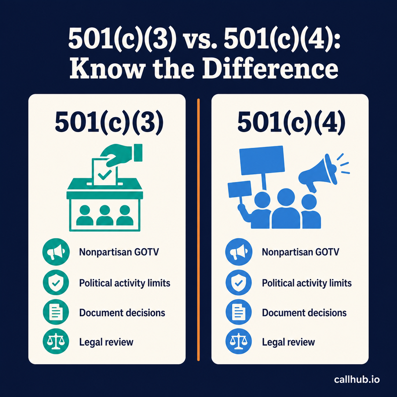 Decision guide comparing 501(c)(3) and 501(c)(4) voter mobilization