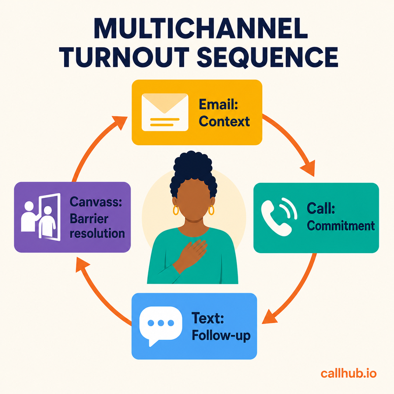 Calls, texts, email, and canvassing coordinated in an advocacy voter mobilization plan