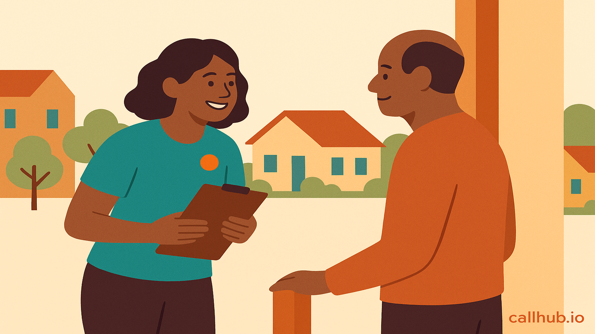 Canvasser having a conversation with a voter at the door during a GOTV program