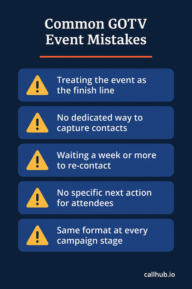 Warning grid listing common GOTV event mistakes