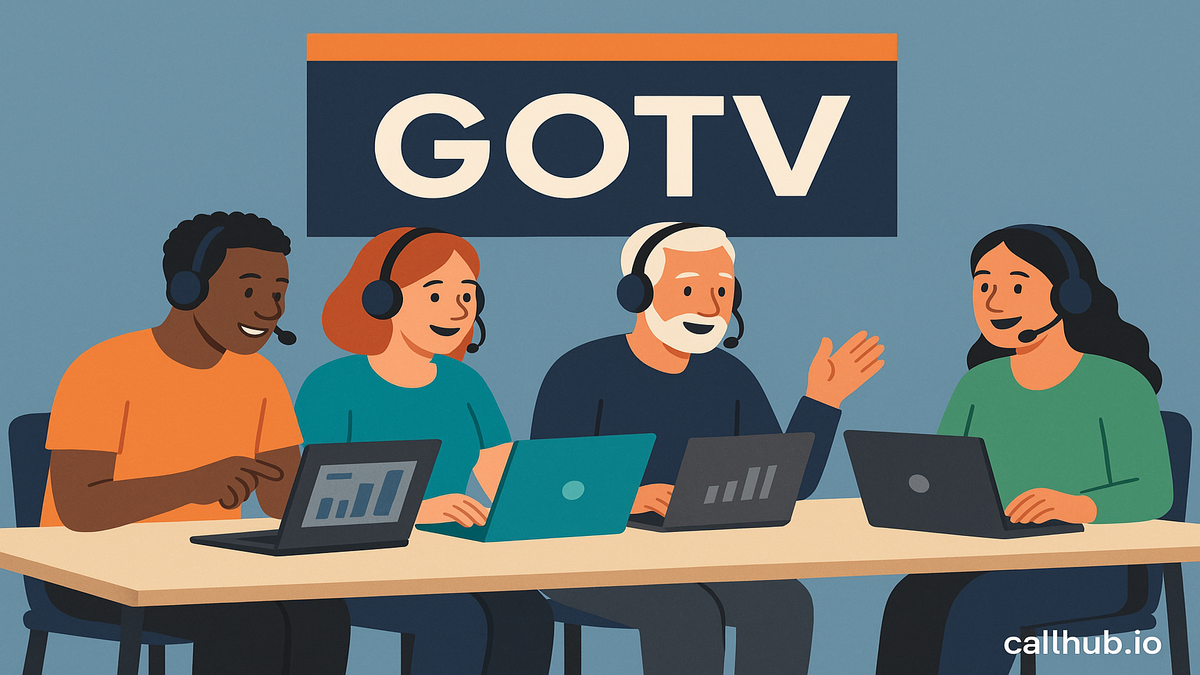 Phone banking volunteers making GOTV calls at computers with headsets in a campaign office