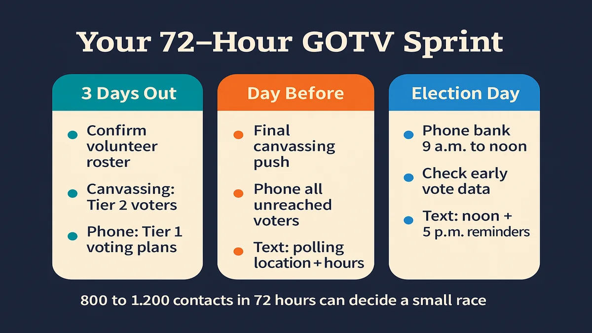72-hour GOTV countdown timeline showing priority actions on day 3 out, day before election, and election day