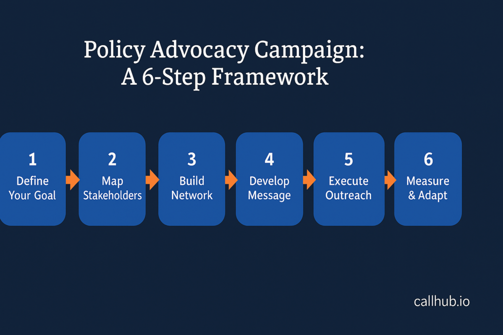 Policy Advocacy Campaign: six-step framework detailing Define Your Goal, Map Stakeholders, Build Network, Develop Message, Execute Outreach, Measure & Adapt.