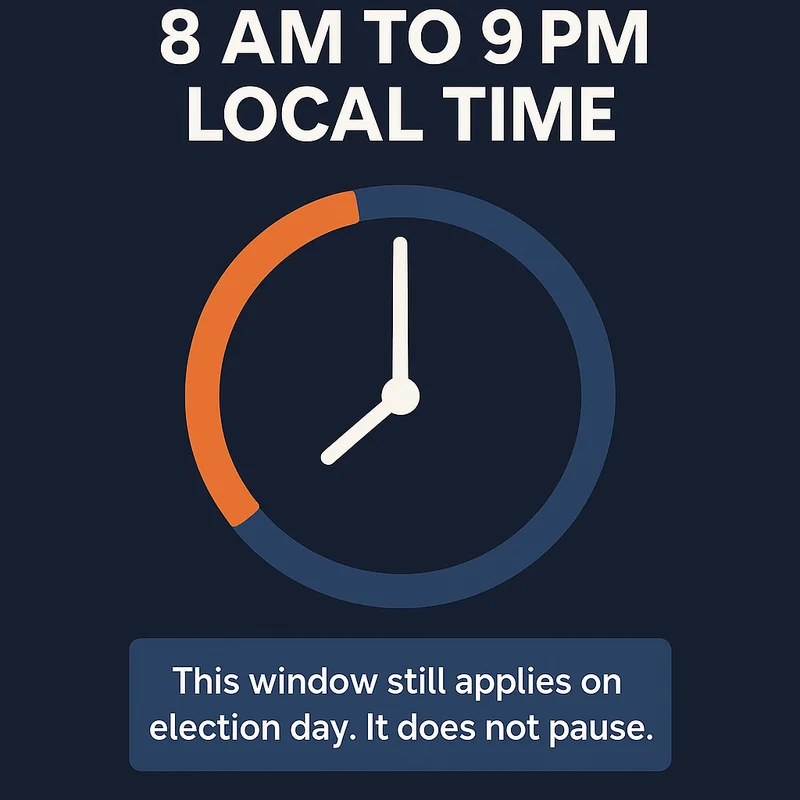 GOTV compliance clock showing the 8 AM to 9 PM local time window that still applies on election day