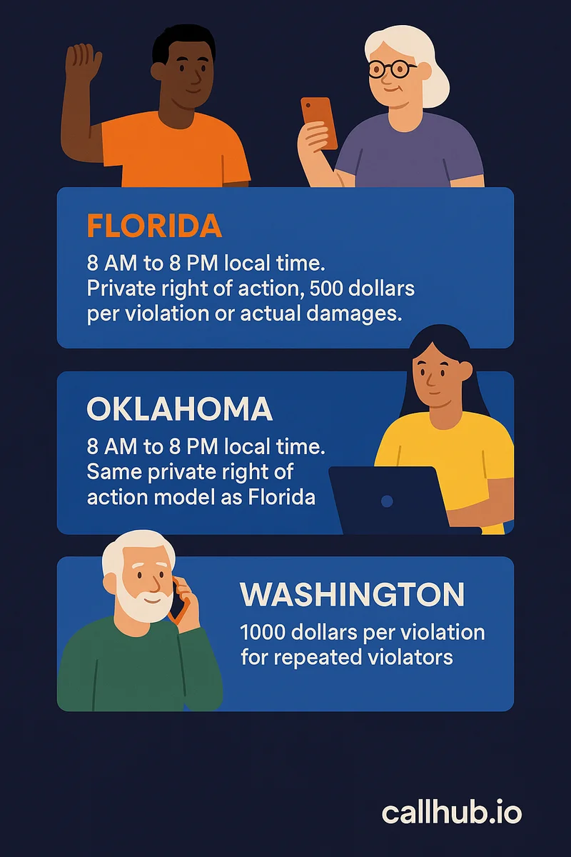 Reference card comparing Florida, Oklahoma, and Washington mini-TCPA rules