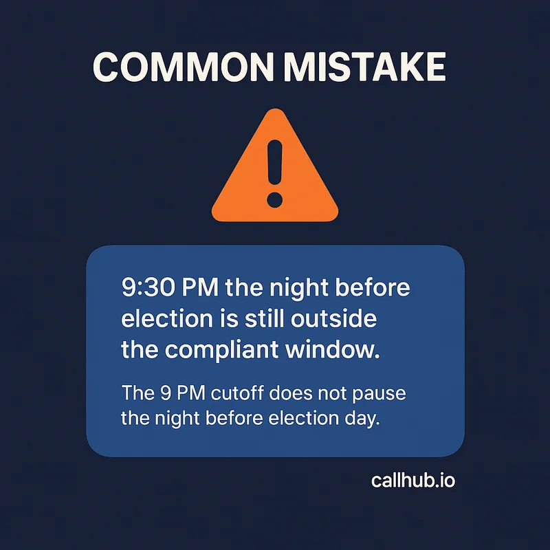 Warning card showing the common mistake of texting after 9 PM the night before an election