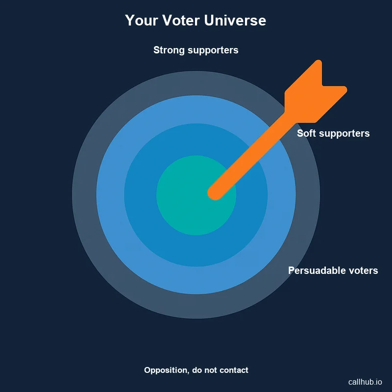 Voter universe segmentation diagram showing strong supporters, soft supporters, persuadable voters, and opposition supporters