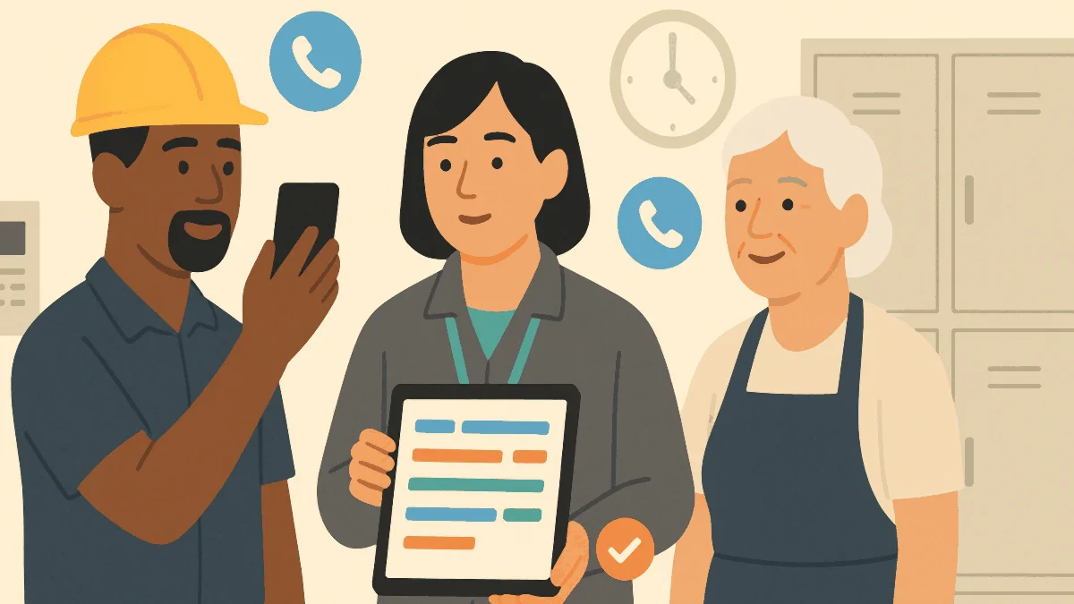 A union steward confirming members' mobile numbers during a shift change to clean the contact list